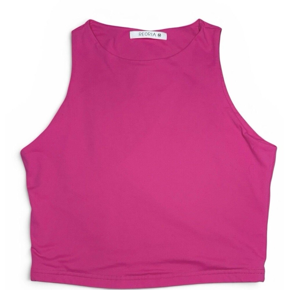 Reoria Womens Size Medium Crop Tank Top Hot Pink Crew Neck Casual Sleeveless - Picture 2 of 5